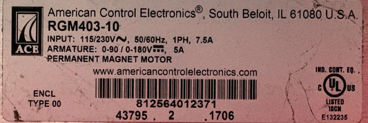 AMERICAN CONTROL RGM403-10 PERMANENT MAGNET DC MOTOR CONTROL