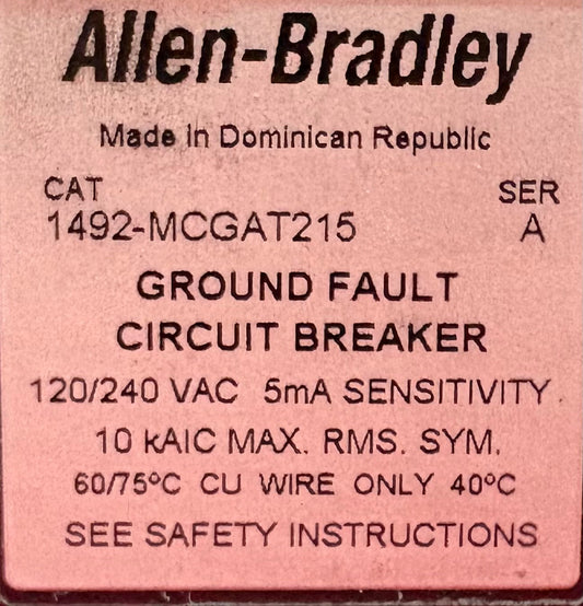 Allen-Bradley 1492-MCGAT215 SER A 15A 2-POLE GFCI GROUND FAULT CIRCUIT BREAKER