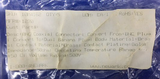 1 PAQUETE POMONA NEWARK 1270 10M4162 ADAPTADOR DE ENCHUFE BNC A ENCHUFE BANANA DE APILAMIENTO DOBLE