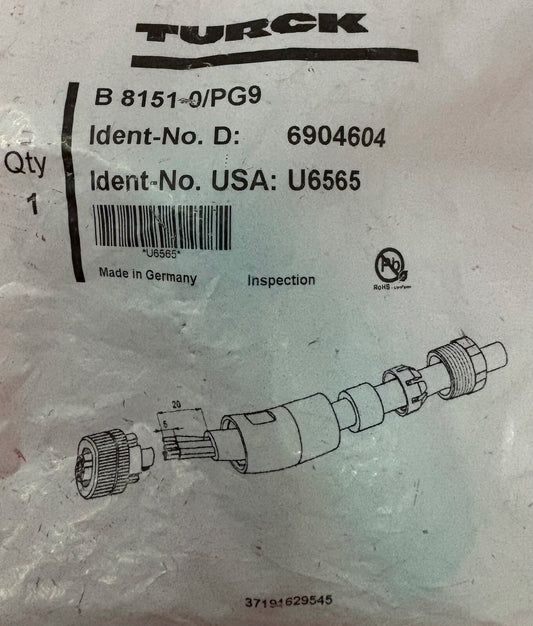 TURCK SENSOR CONNECTOR B 8151-0/PG9 / 6904604 / U6565 - QTY 2