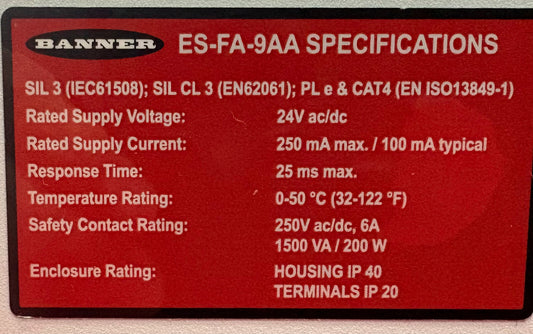 BANNER ES-FA-9AA SAFETY RELAY MODULE FOR E-STOP 24VAC/DC