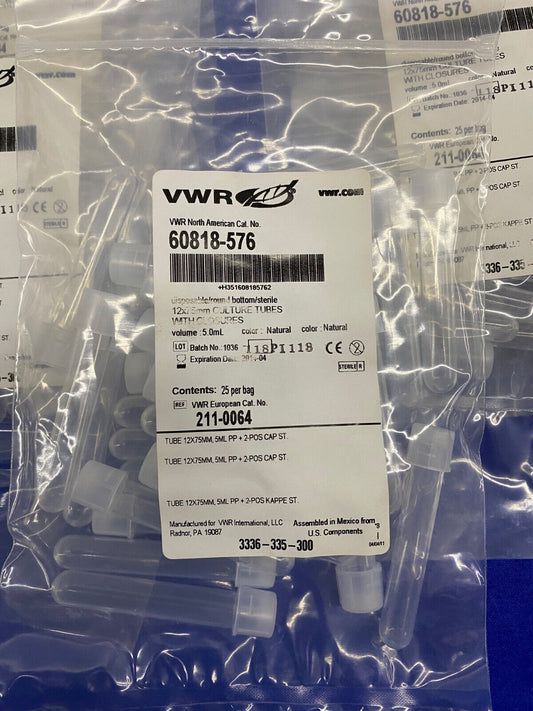 VWR 60818-576 12X75mm CULTURE TUBES - 17 PKGS OF QTY 25EA - TOTAL OF 425 TUBES