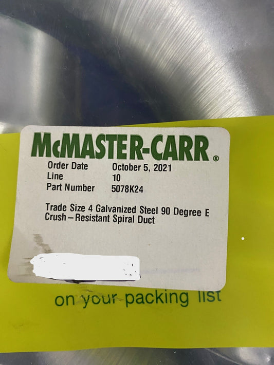 MCMASTER-CARR 5078K24 TRADE SIZE 4 GALVANIZED STEEL 90 DEGREE - 1 PKG QTY 2