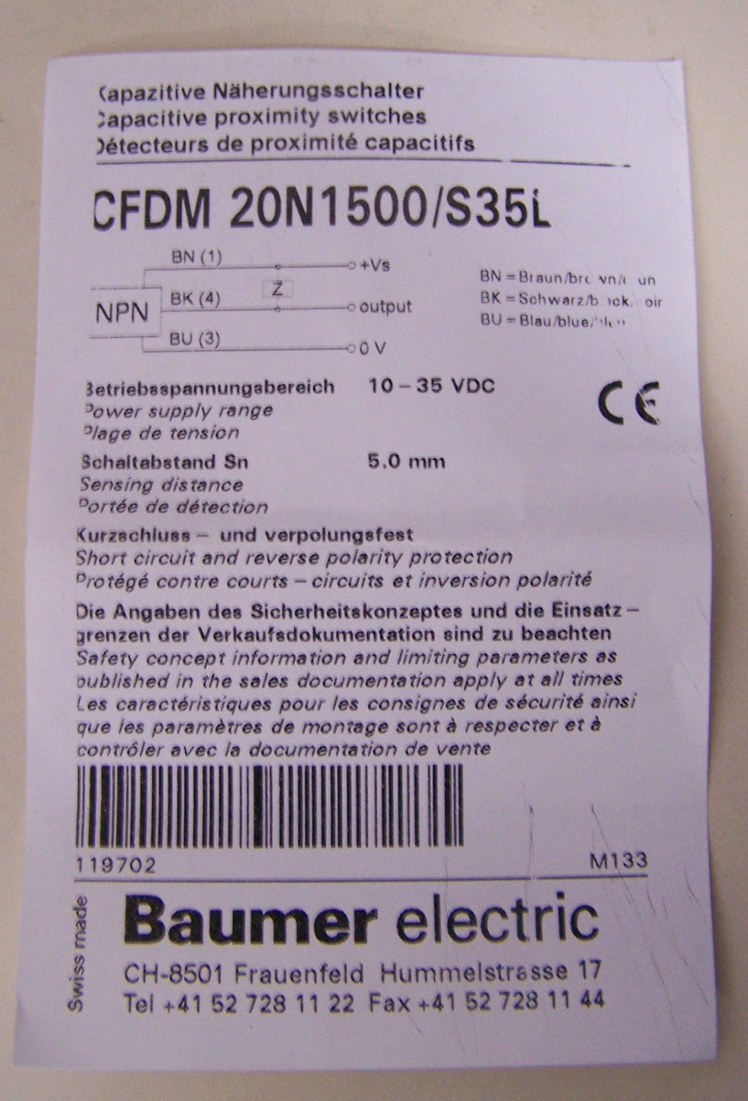 QTY 2 - BAUMER ELECTRIC CFDM 20N1500/S35L CAPACITIVE FLAT PACK 10119702 SENSOR