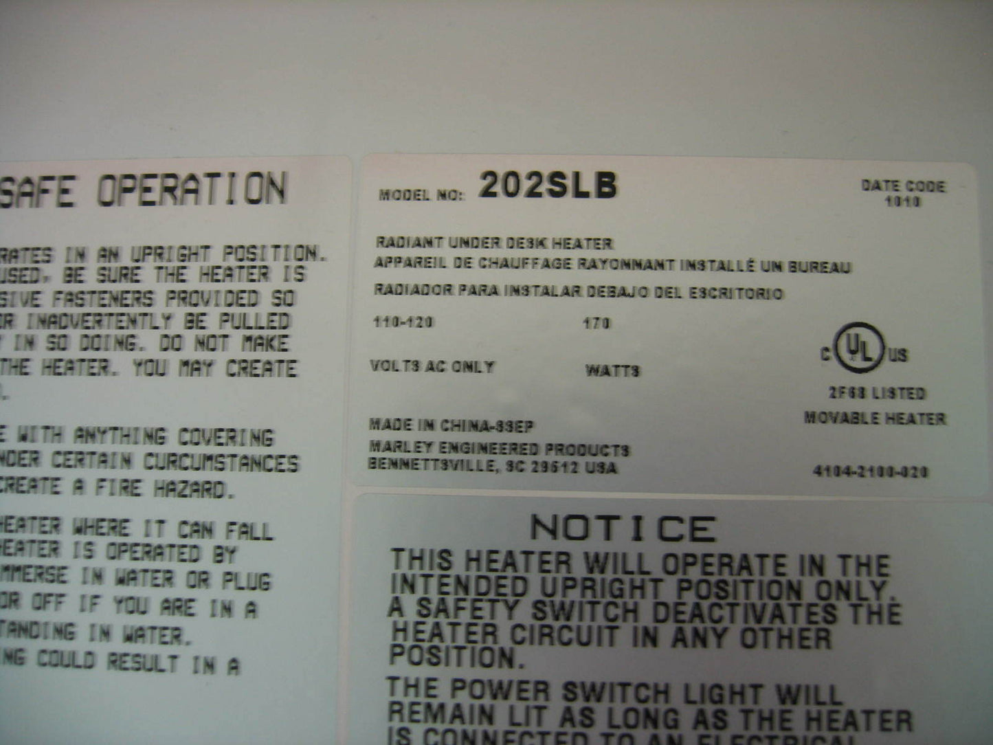 CALEFACTOR RADIANTE DEBAJO DEL ESCRITORIO MARLEY ENGINEERED PRODUCTS 202SLB