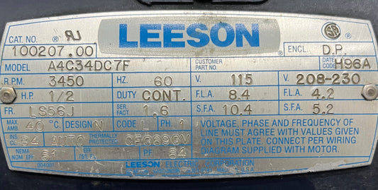 LEESON ELECTRIC A4C34DC7F 100207.00 MOTORE 1/2 HP PIATTAFORMA DI RETTIFICA ALBERO DA 5/8"