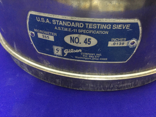 Tamis d'essai standard Gilson n° 45, 0,0139 pouce, 355 micromètres