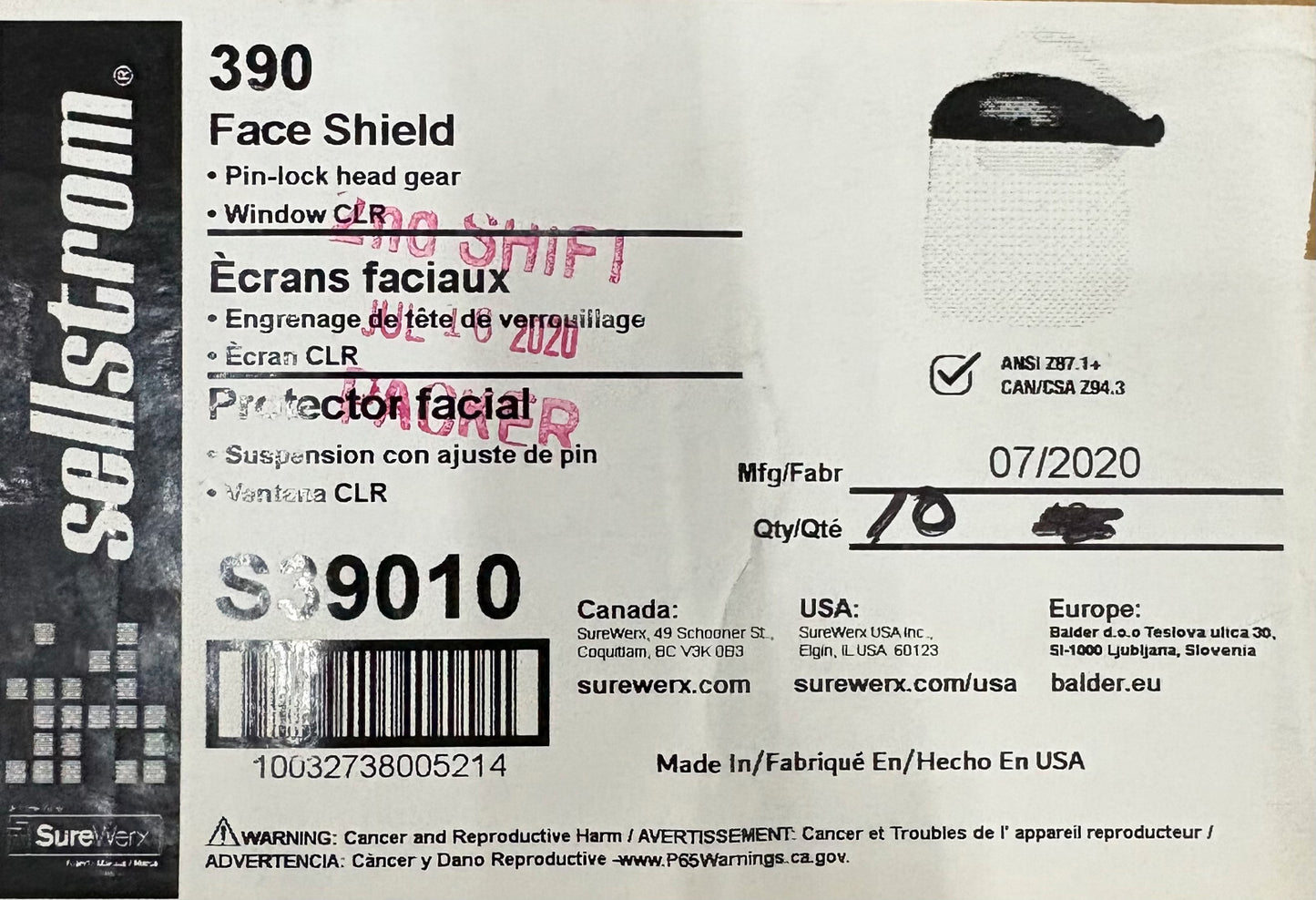 SELLSTROM 390 SERIES UNCOATED FACE SHIELD & HEADGEAR S39010 QTY 10