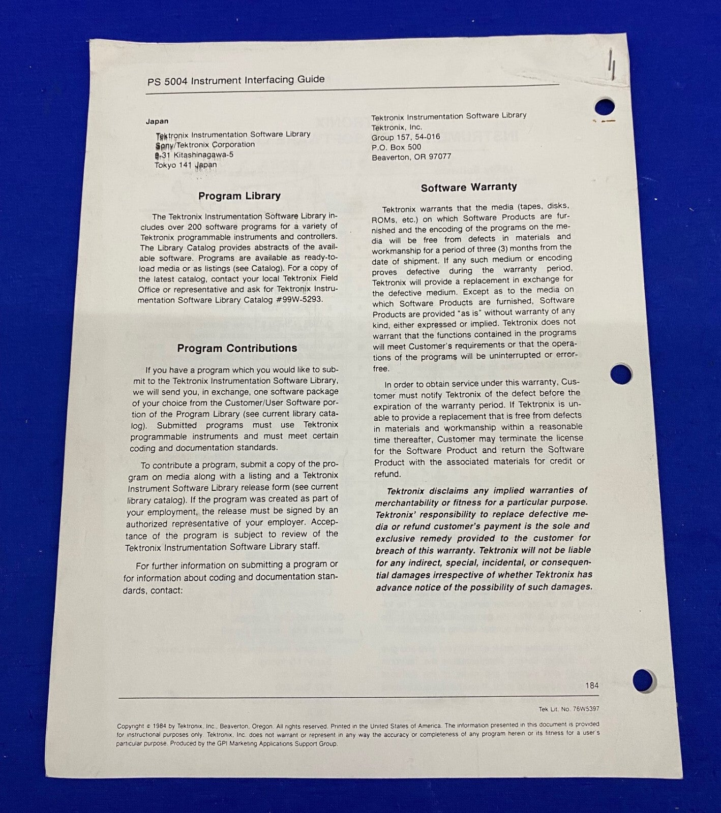 TEKTRONIX ® PS 5004 / 070-4789-00 INSTRUMENTEN-SCHNITTSTELLENHANDBUCH