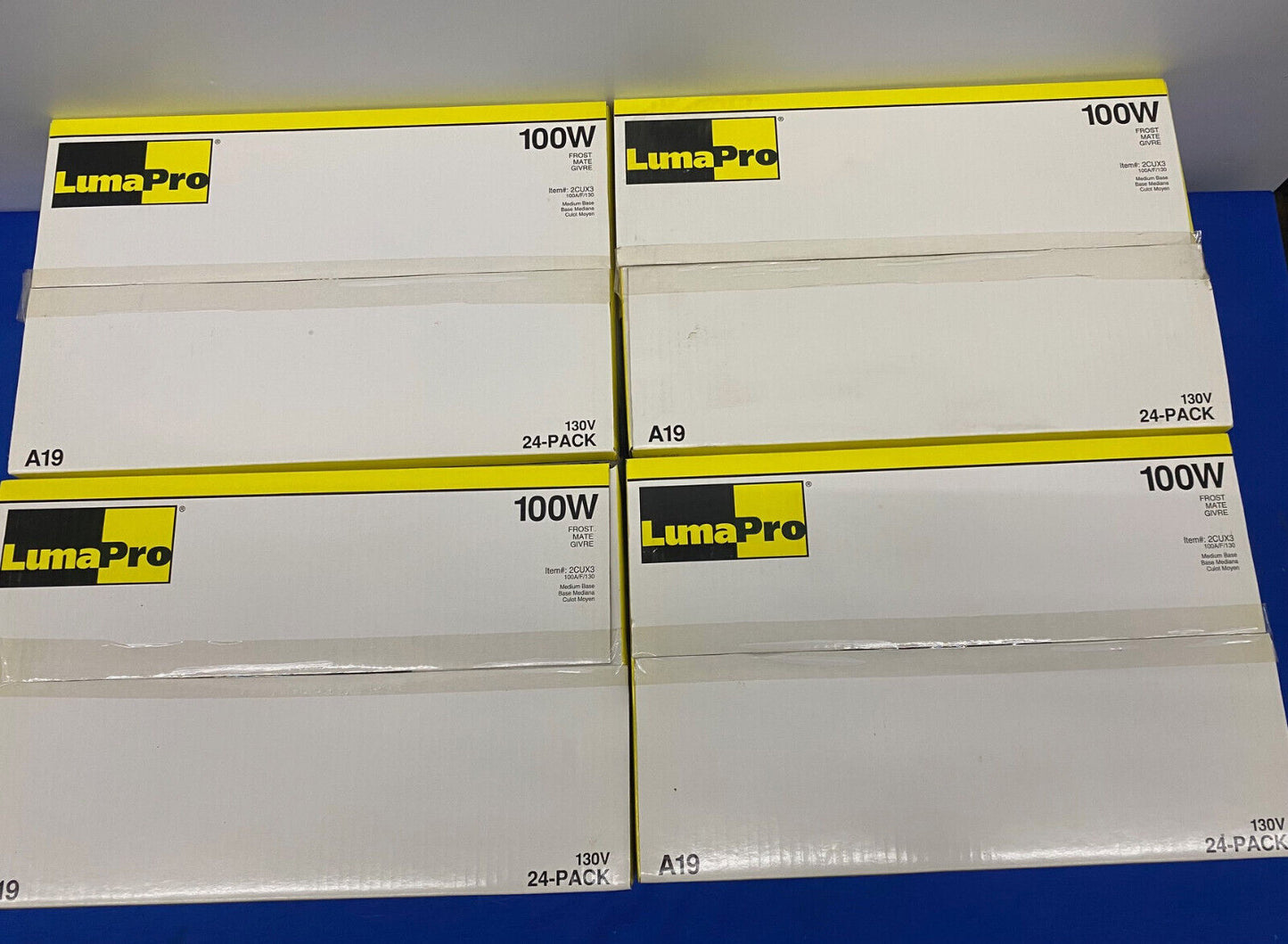 LUMAPRO A19 (5) 2CUX3 100W FROST MATE LIGHT BULB - 4 PKGS/24EA TOTAL OF 96 BULBS
