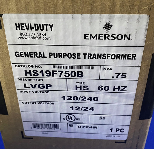 EMERSON HS19F750B HEVI-DUTY GENERAL PURPOSE TRANSFORMER LVGP