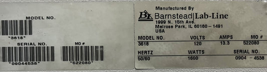 BARNSTEAD LAB-LINE Vacuum Oven 3618 120V 13.3AMPS 50/60HZ 1600WATTS NO PUMP