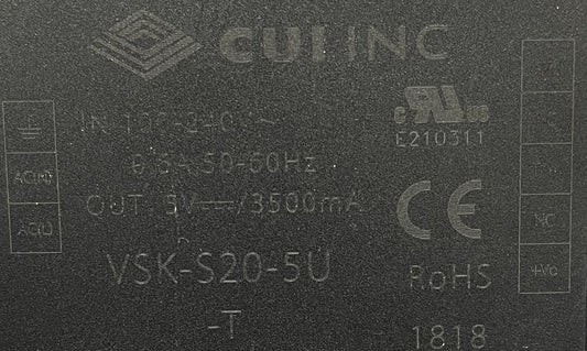 MÓDULO DE POTENCIA CONVERTIDOR CA/CC CUI VSK-S20-5U-T - ENTRADA 100-240 V - SALIDA 5 V/3500 mA