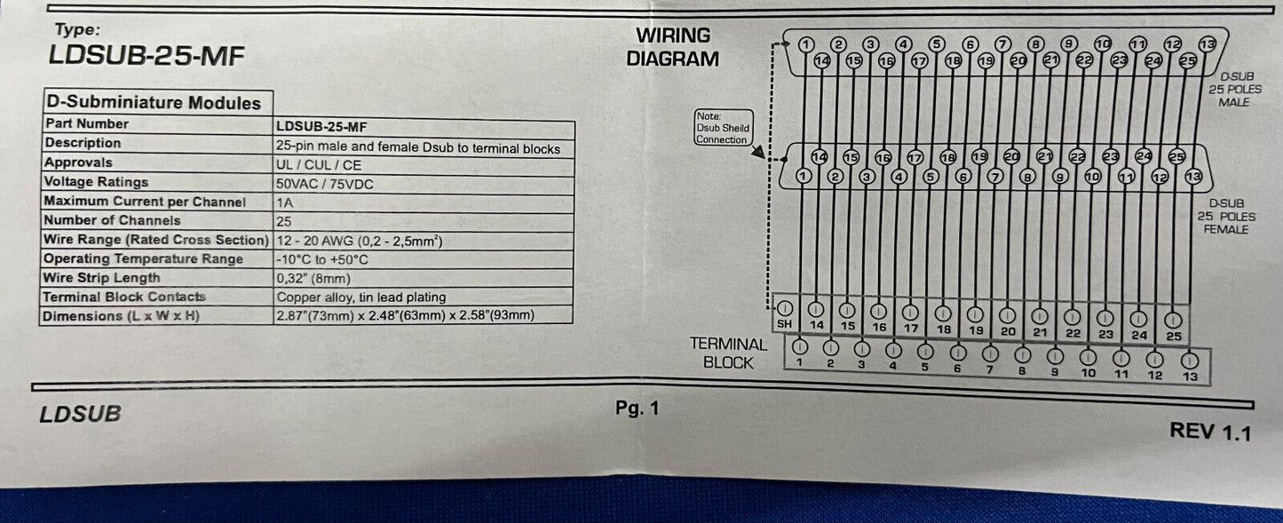 AMERICAN ELECTRICAL LDSUB-25-MF 25 PIN Dsub a MORSETTIERA - 1 LOTTO DI QTY 2
