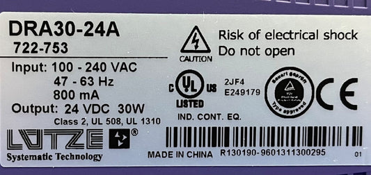 Lutze 722753 DRA30-24A Alimentatore switching, monofase conforme a NEC Cl 2