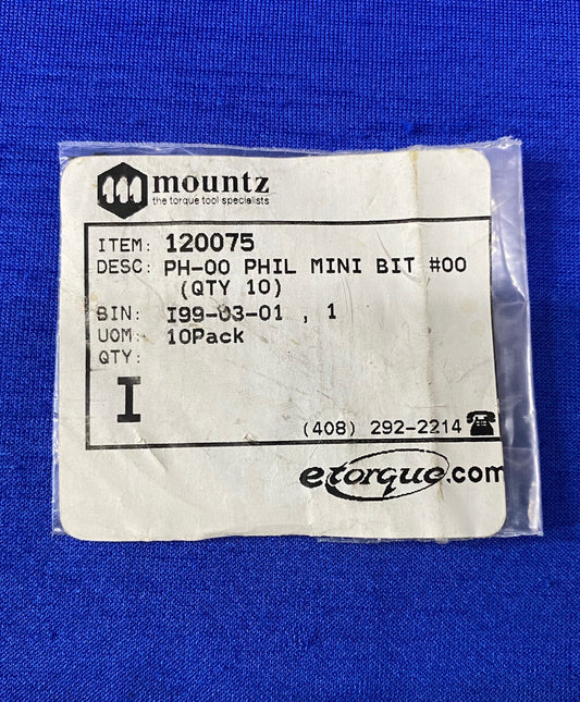 MOUNTZ 120075 PH-00 PHILLIPS MINI BIT #00 - 1 PACKAGE OF QTY 10 BITS