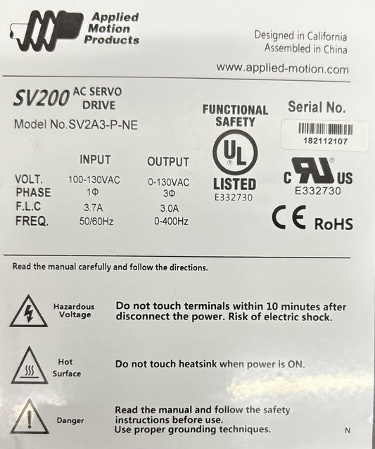 APPLIED MOTION PRODUCTS SV200 SV2A3-P-NE AC SERVO DRIVE 100-130 VAC PHASE 3