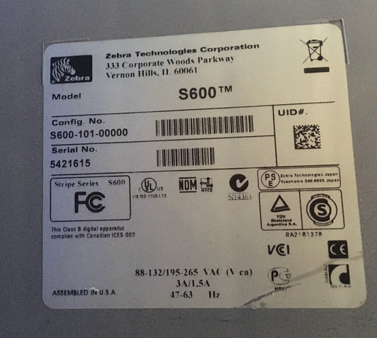 ZEBRA S600 ™ STRIPE SERIE, CONFIG.NR. S600-101-00000 ARTIKEL IS VOOR ONDERDEEL/REPARATIE