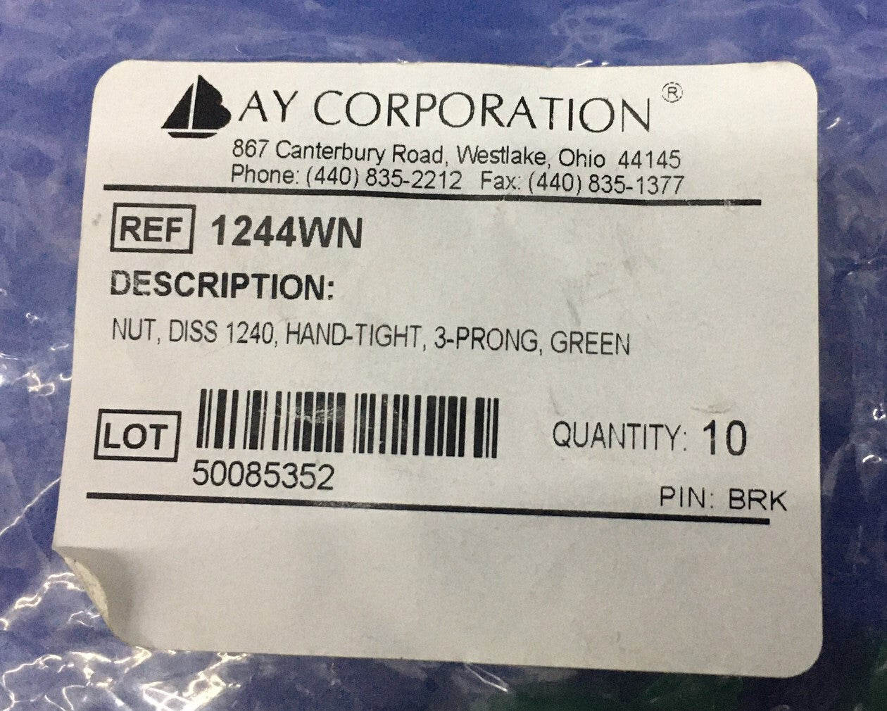 1 CONFEZIONE DA 10 BAY CORP ® OXYGEN 1244WN DADO, DISS 1240, SERRAGGIO MANUALE, 3 MOLLE, VERDE