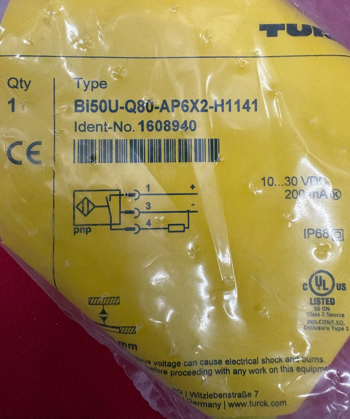 TURCK Bi50U-Q80-AP6X2-H1141 ID# 1608940 SENSOR 50mm RANGE 80mm SIZE 10-30 VDC