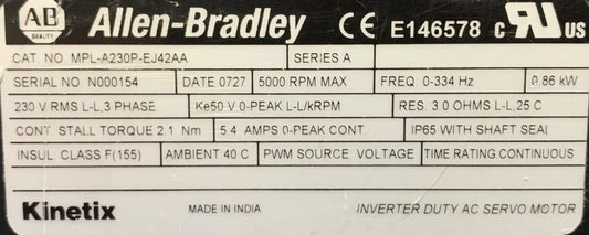Allen Bradley MPL-A230P-Ej42AA SerA servomotor met APEX AB/FR042-S1-S1-drukkop