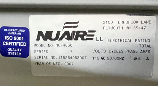 PER PARTI / RIPARAZIONE INCUBATRICE A CAMICIA D'ACQUA NUAIRE CO2 SERIE NU-4850 7 US AUTOF
