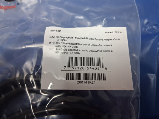 C2G 54432 3FT DISPLAY PORT MALE TO HD MALE PASSIVE ADAPTER CABLE 4K 30 HZ NEW