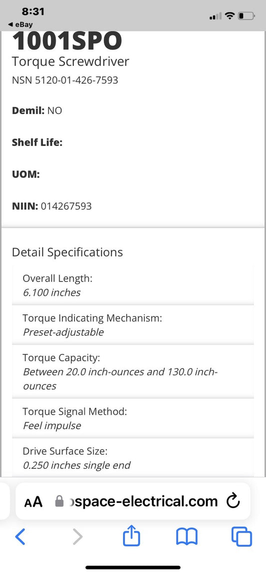 CONSOLIDATED DEVICES CDI TORQUE 1001SPO 1/4" DRIVE TORQUE SCREWDRIVER
