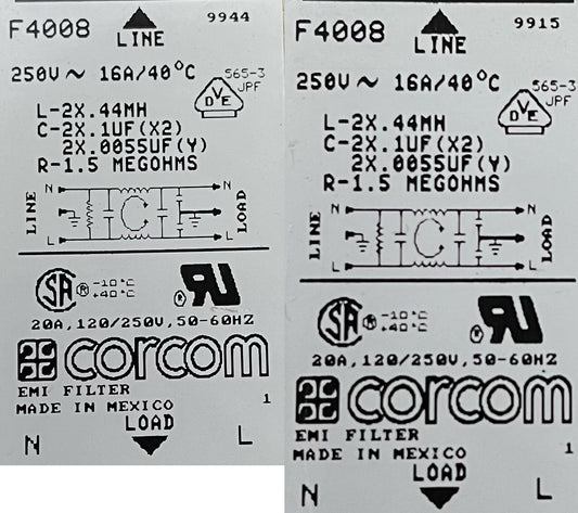 CORCOM EMI FILTER F4008 250V 16A/40c 20A 120/250V 50-60 HZ - 1 LOT QTY 2
