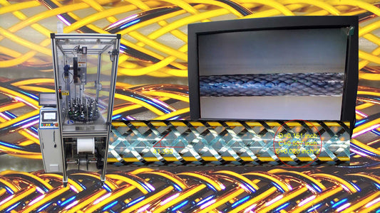 mmbt 24 carrier vertical braider with small caterpillar puller over triaxial braids and close up of braid under monitor another close up of  braid with measurements is shown
