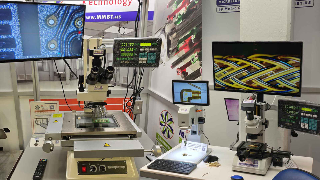 cleanroom environment with measuring microscopes showing medical braids and circuit boards