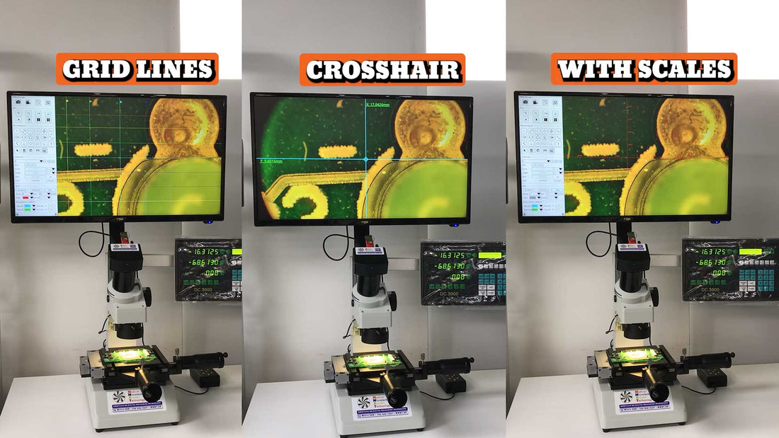 Three tool scope microscopes with different measurement cross hair gridline and crosshairs with scale displayed on screens.