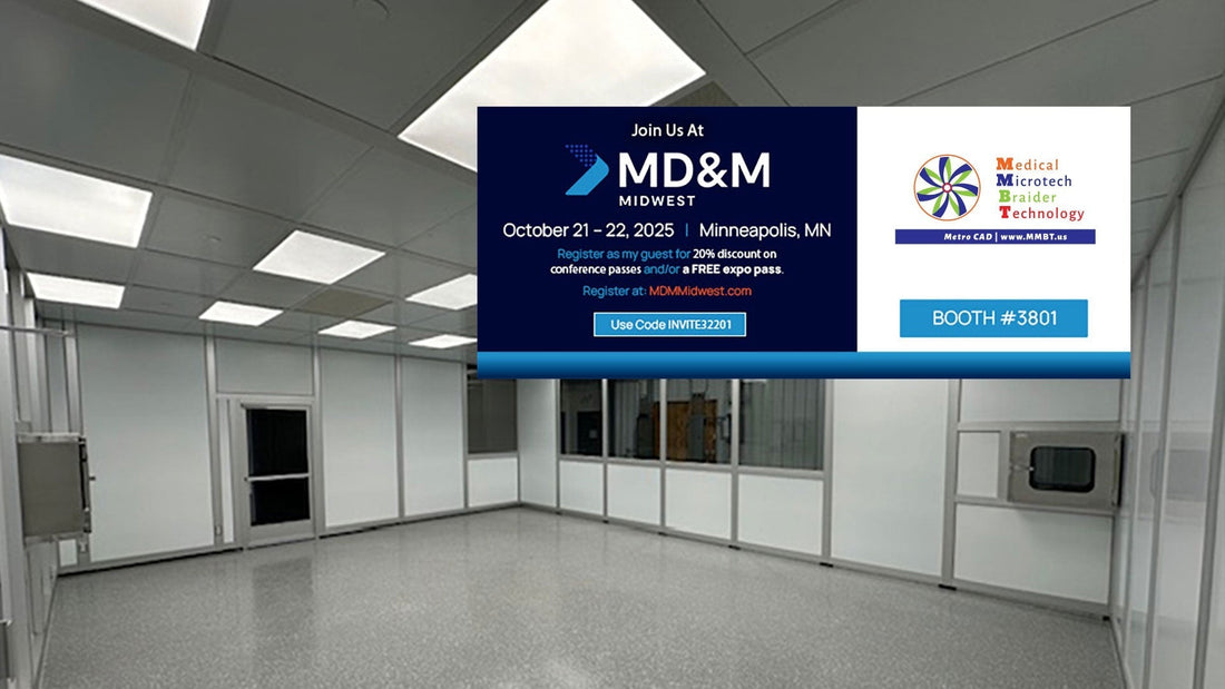 MD&M Midwest Logo Over a MMBT Hardwall Cleanroom
