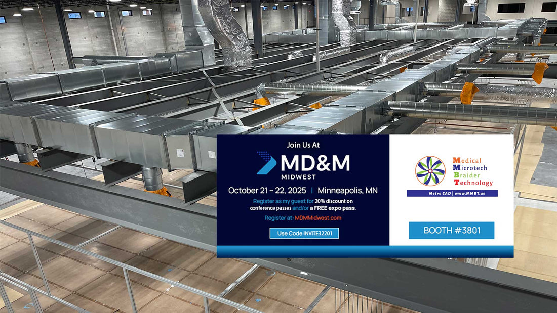 metal hardwall cleanroom contruction framing and duct work with MD&M and MMBT Logo with booth number overlay