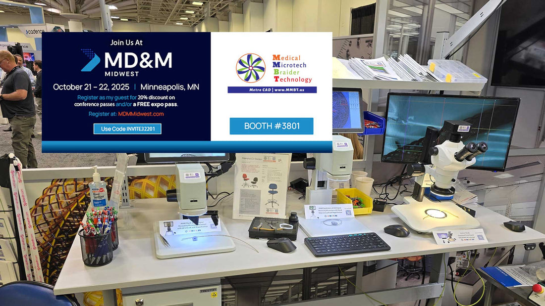 mmbt by metro cad booth at md&m midwest table with MMBT microscopes