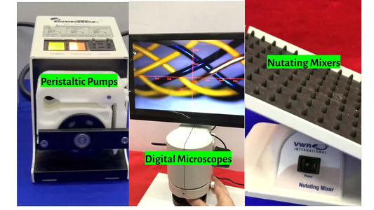 Three images showing laboratory equipment: peristaltic pumps, digital microscopes, and nutating mixers.