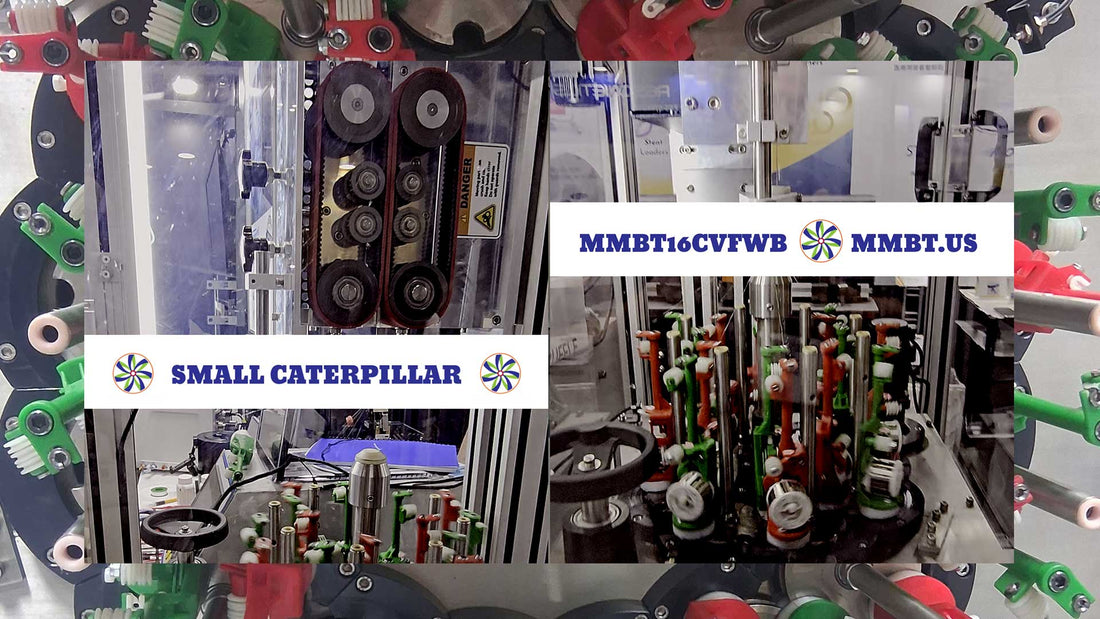A collage-style product photo showing industrial catheter braiders and carrier components, with overlaid text reading 'SMALL CATERPILLAR' and 'MMBT16CVWB MMBT.US'.