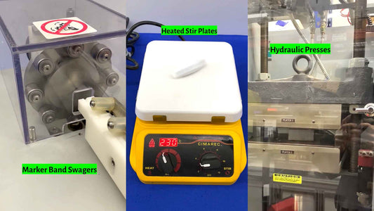Collage of laboratory equipment including a machine, stir plate, and hydraulic press with labels.