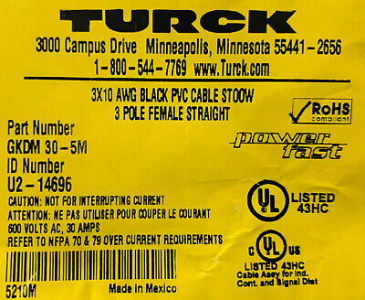 Lote de 2 cables de PVC negros Turck GKDM 30-5M 3X10 AWG ST00W de 3 polos hembra rectos