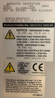 BECKMAN COULTER ALLEGRA ™ 64R/ ALLEGRA-64R / 367586 TISCHZENTRIFUGE 208V 12A