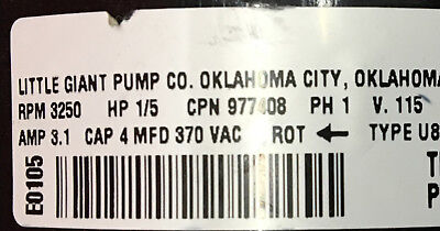 LITTLE GIANT PUMP TYPE U8581 RPM 3250 HP 1/5 V115