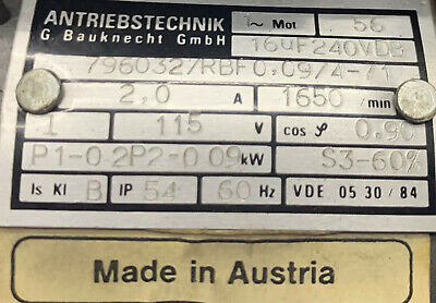 ANTRIEBSTECHNIK 7960327RBF0.0974-71 MOTOR 1650/min 2,0A 115V 60Hz. ARTIKEL IST GEBRAUCHT.