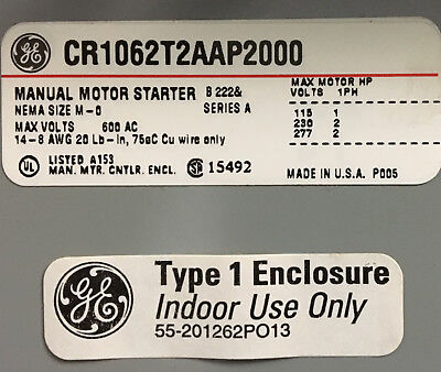 Arrancador de motor manual GE/GENERAL ELECTRIC CR1062T2AAP2000