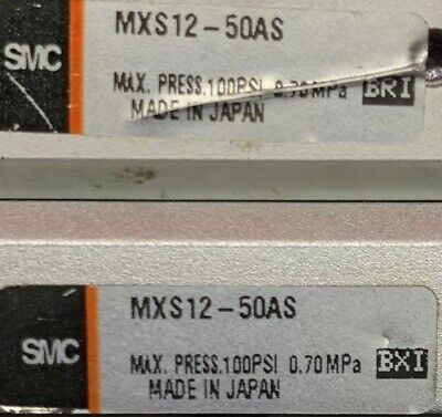 Lot of 2 - SMC MXS12-50AS Dual Rod Guided Pneumatic Slide w/ SMC D-F9N Sensor