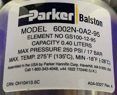 Parker Balston 6002N-0A2-95 Filter with Balston TRI-Carbon Scrubber B03-0262