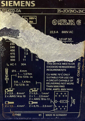 Lot of 2 Siemens Contactor 3TF422-OA 2S+20/2NO+2NC