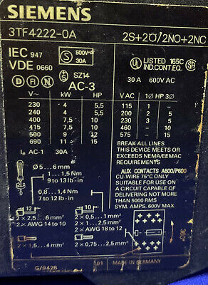 Lot of 2 Siemens Contactor 3TF422-OA 2S+20/2NO+2NC