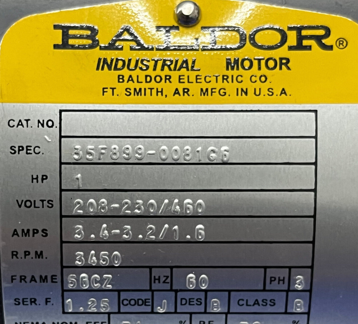 MOTOR INDUSTRIAL BALDOR ® 1HP V208-230/460 RPM: 3450 ESPECIFICACIÓN: 35F899-0081G6 PH3