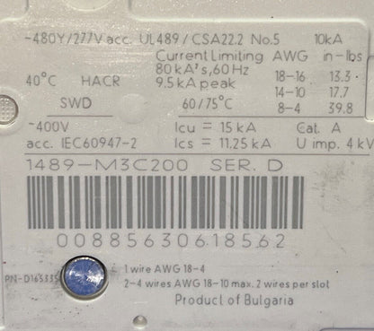 AB ALLEN BRADLEY MINIATURE CIRCUIT BREAKER 1489-M3C200 Ser D 3P