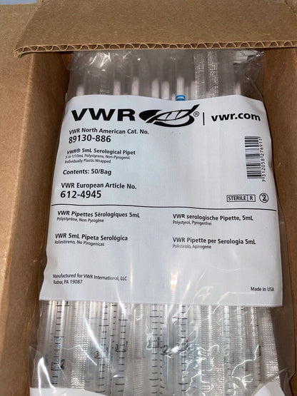 VWR 89130-886 5 ml SEROLOGISCHE PIPETTE – 1 BOX/MENGE 2 BEUTEL/JE 50 PIPETTEN